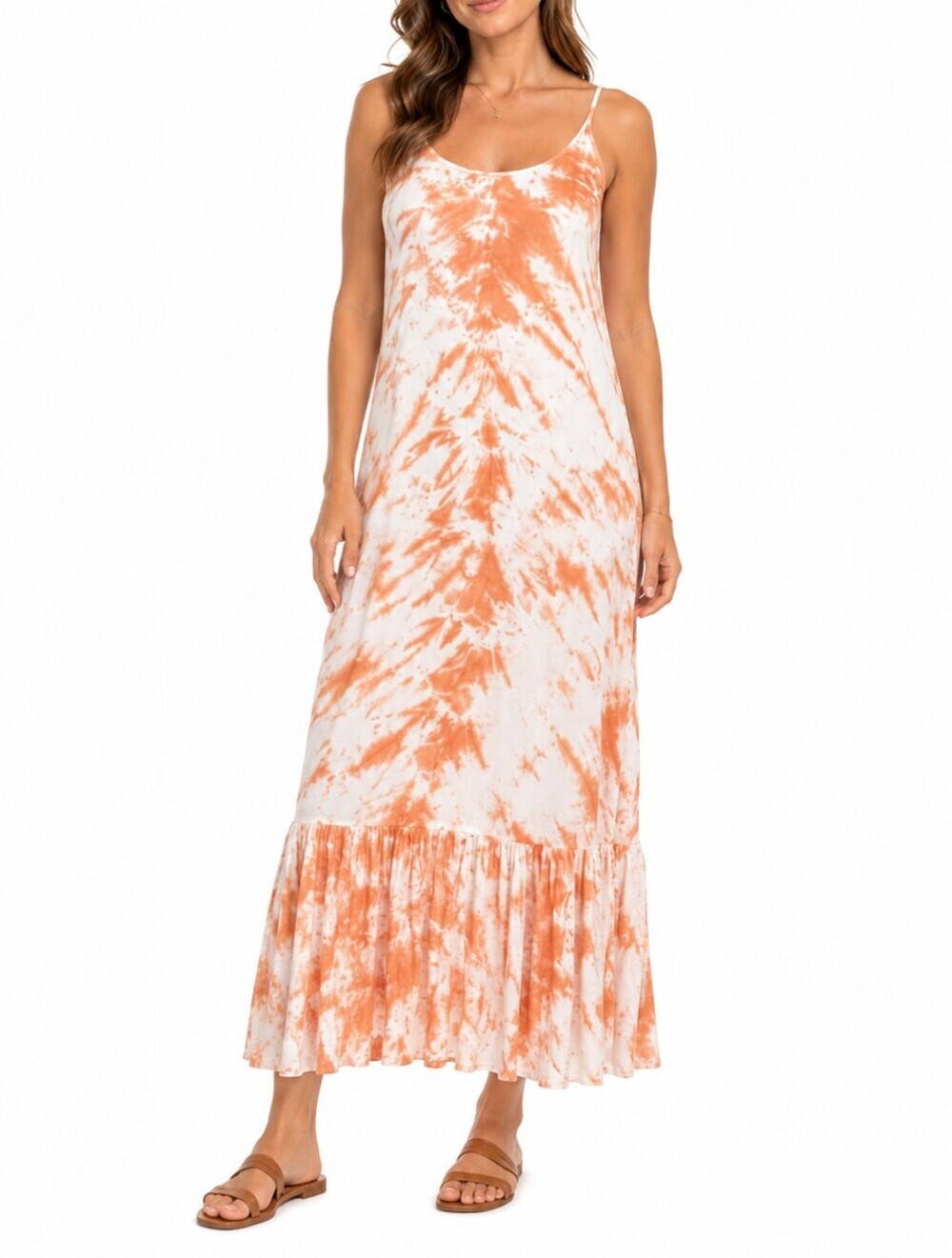 Elan Orange/White Tie Dye Criss Cross Strappy Back Maxi Dress